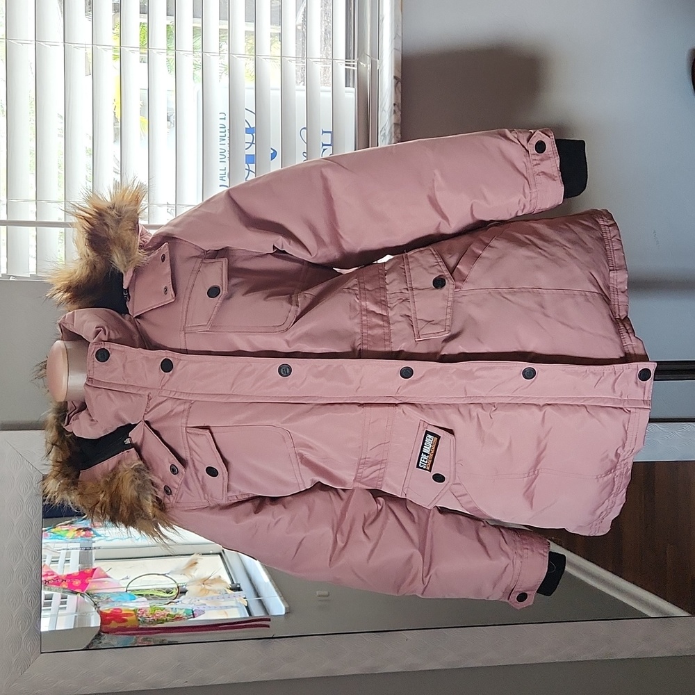 Steve Madden Winter Car Coat Puffer Hood Mauve Fur Collar Women's Medium
